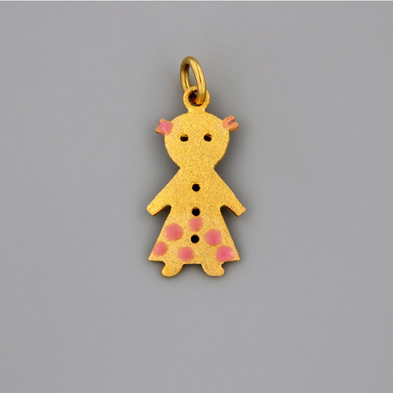Childrens gold handmade pendant Girl with special sandblasting treatment and pink enamel K9.