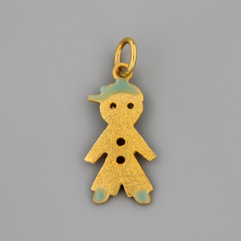 Childrens gold handmade pendant Baby boy with special sandblasting treatment and blue enamel K14.