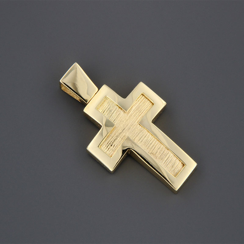 ΧHandmade baptismal cross double sided for a boy in yellow gold K14 with special engraving processing.