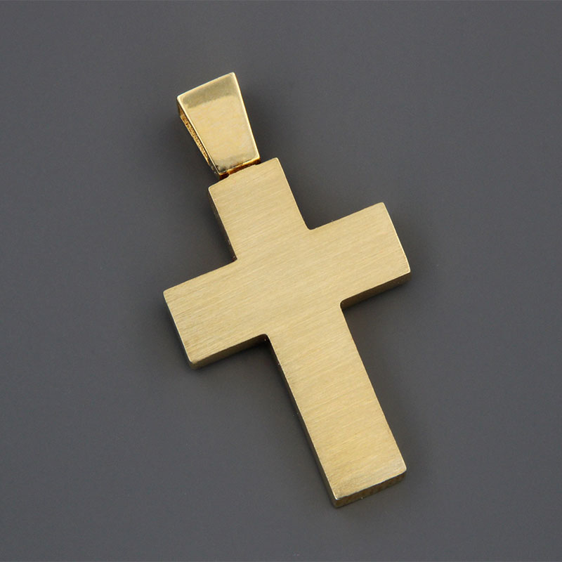 Handmade baptismal cross double sided for a boy in yellow gold K14 with special diamond treatment.