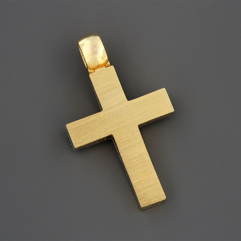Handmade baptismal cross double sided for a boy in yellow gold K14 with special diamond treatment.