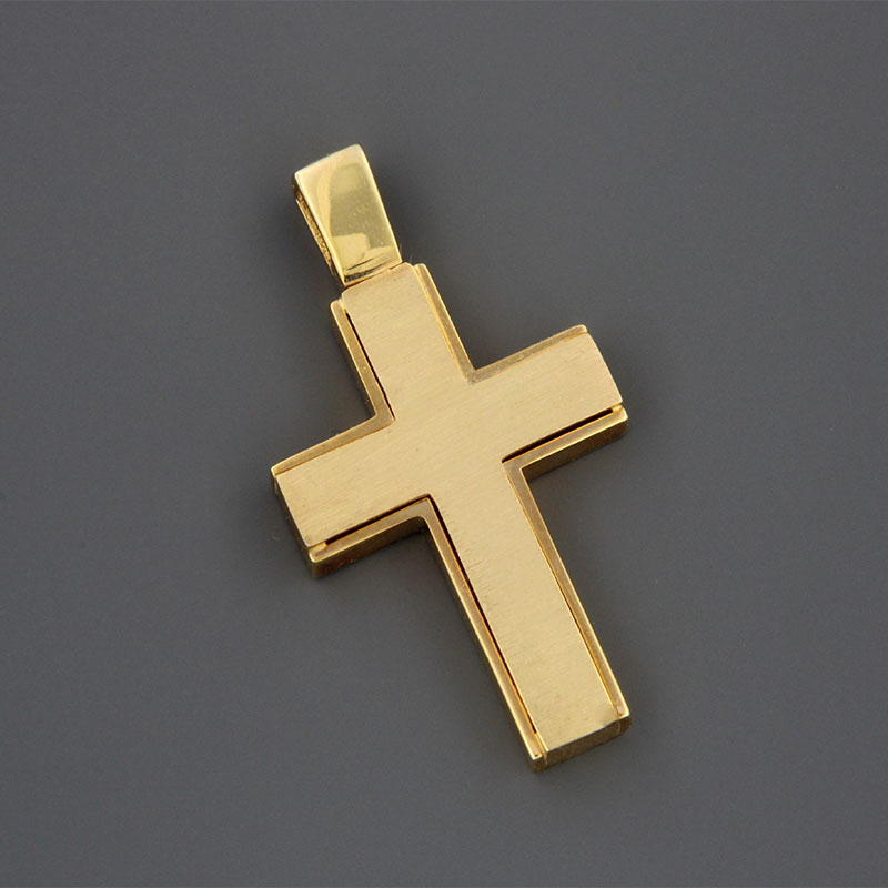 Handmade baptismal cross double sided for a boy in yellow gold K14 with special diamond treatment.