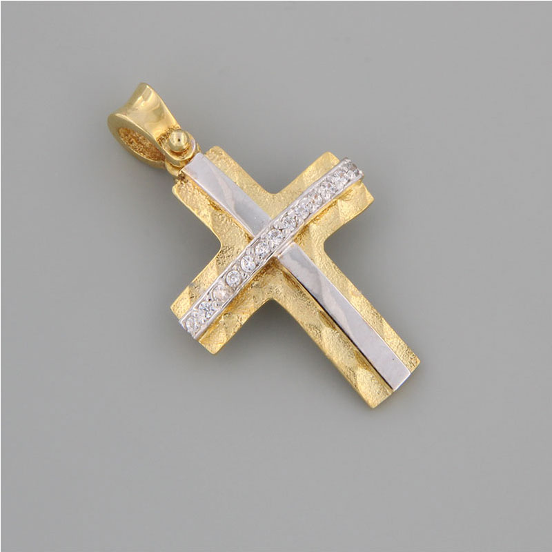 Handmade baptismal cross for girl in yellow and white gold K14 with special forging treatment and white zircons.