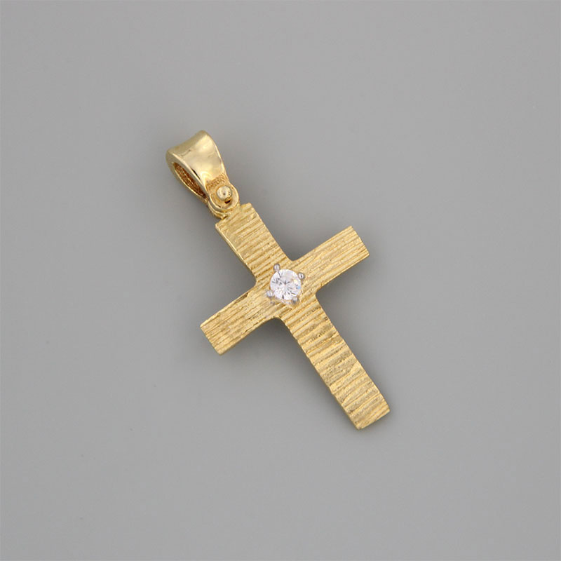 Handmade baptismal cross for girl in yellow and white gold K14 with special engraving processing and white zircon.