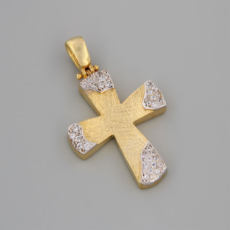 Handmade baptismal cross for girl in yellow and white gold K14 with special diamond treatment and white zircons.