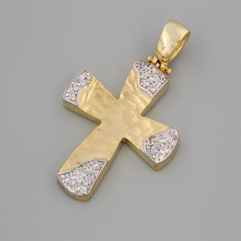 Handmade baptismal cross for girl in yellow and white gold K14 with special forging treatment and white zircons.