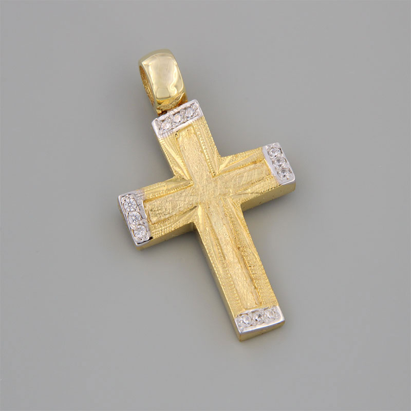 Handmade baptismal cross for girl in yellow and white gold K14 with special engraving processing and white zircons.