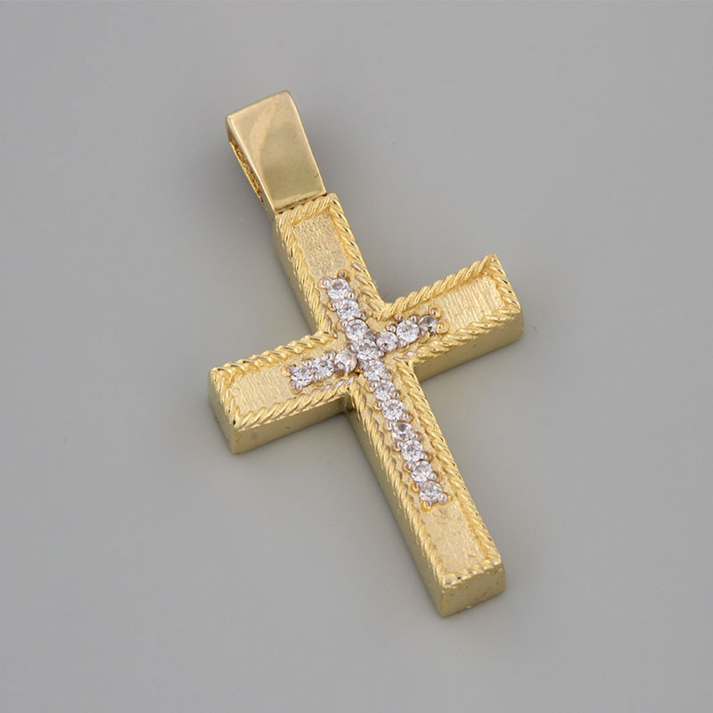 Handmade baptismal cross for girl in yellow and white gold K14 with special diamond treatment and white zircons.