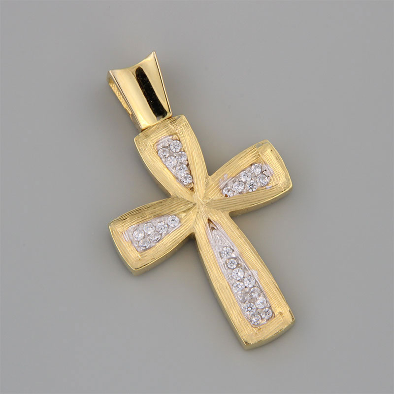 Handmade baptismal cross for girl in yellow and white gold K14 with special engraving processing and white zircons.