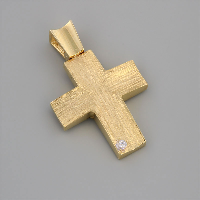Handmade baptismal cross for girl in yellow and white gold K14 with special engraving processing and white zircon.