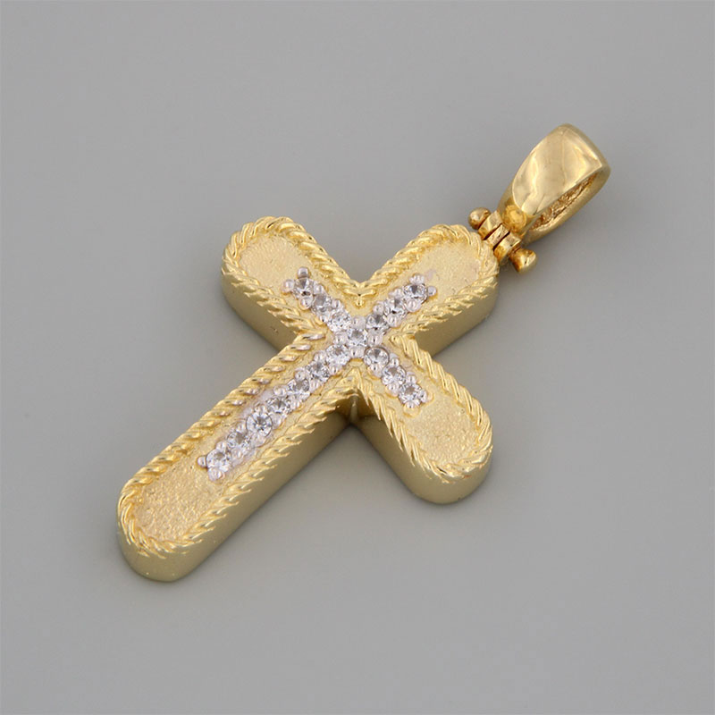 Handmade baptismal cross for girl in yellow and white gold K14 with special diamond treatment and white zircons.