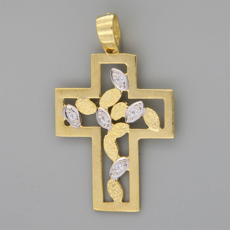 Handmade baptismal cross for Girl made of yellow gold K14 decorated with special engraving processing and white zircons.