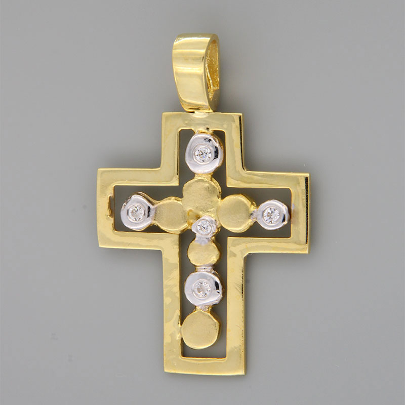 Handmade baptismal cross for Girl made of yellow gold K14 and white platinum details decorated with white zircons.