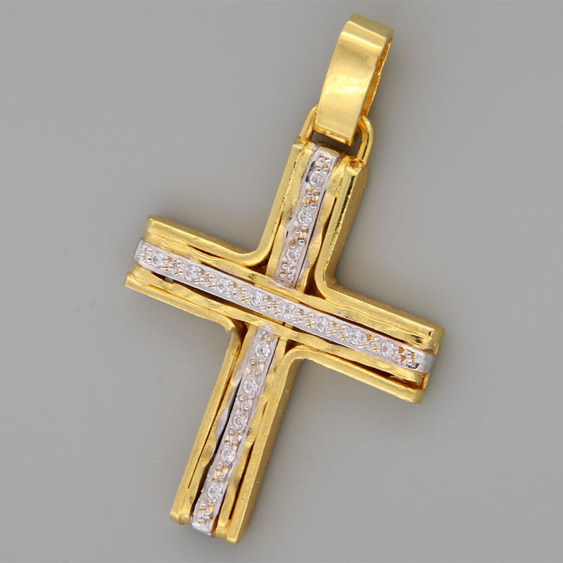 Handmade forged baptismal cross for Girl made of K14 gold and white platinum details decorated with white zircons.
