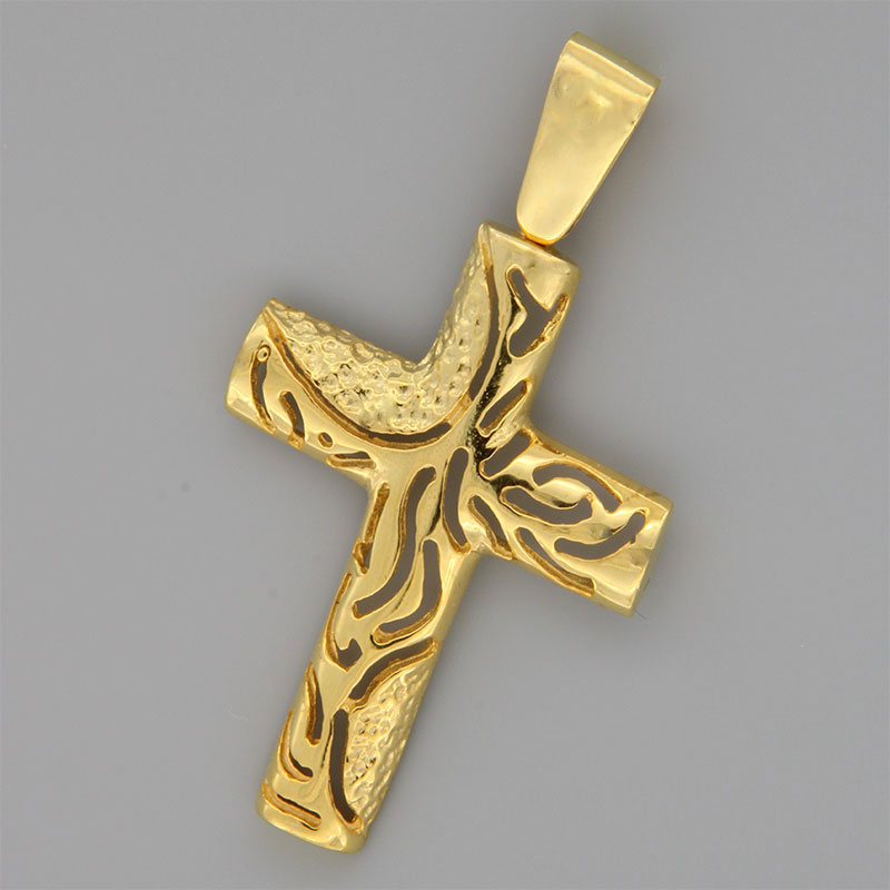 Handmade perforated baptismal cross made of yellow gold K14 with special forging treatment.