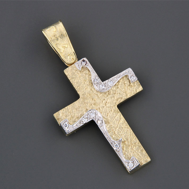 Handmade two-tone baptismal gold Cross K14 with special forging treatment and white zircons from the Eos workshop.