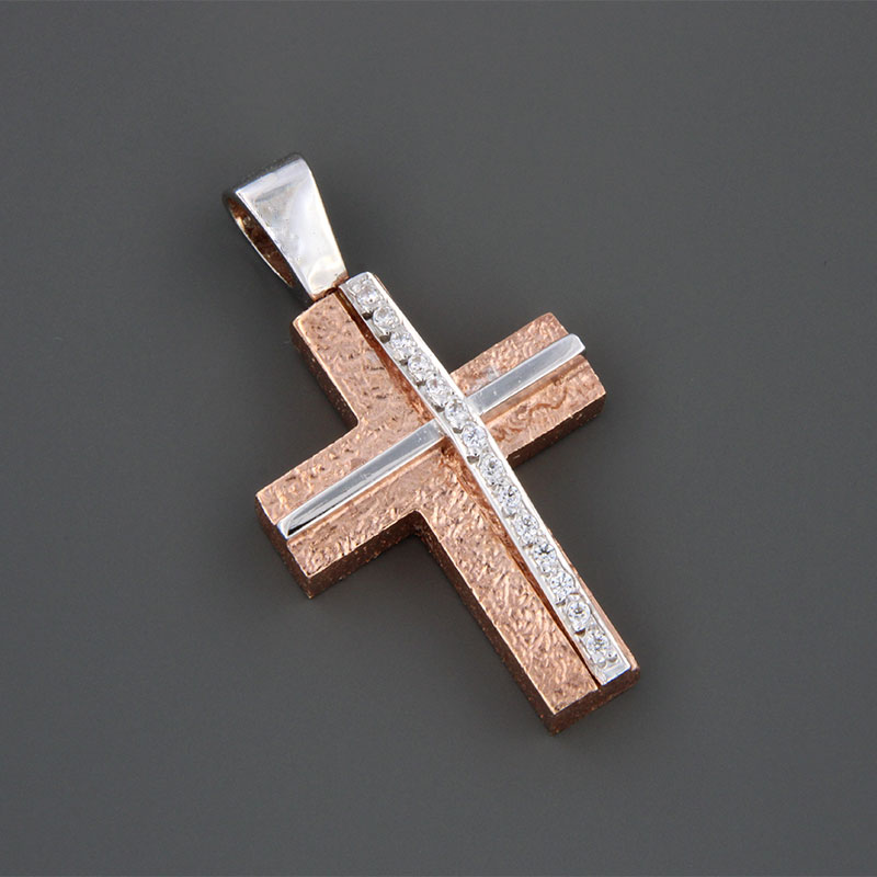 Handmade two-tone baptismal gold Cross K14 with special forging treatment and white zircons from Valoro workshop.