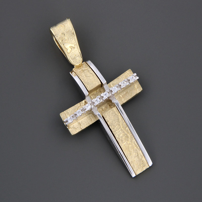 Handmade two-tone baptismal gold Cross K14 with special forging treatment and white zircons from the Eos workshop.