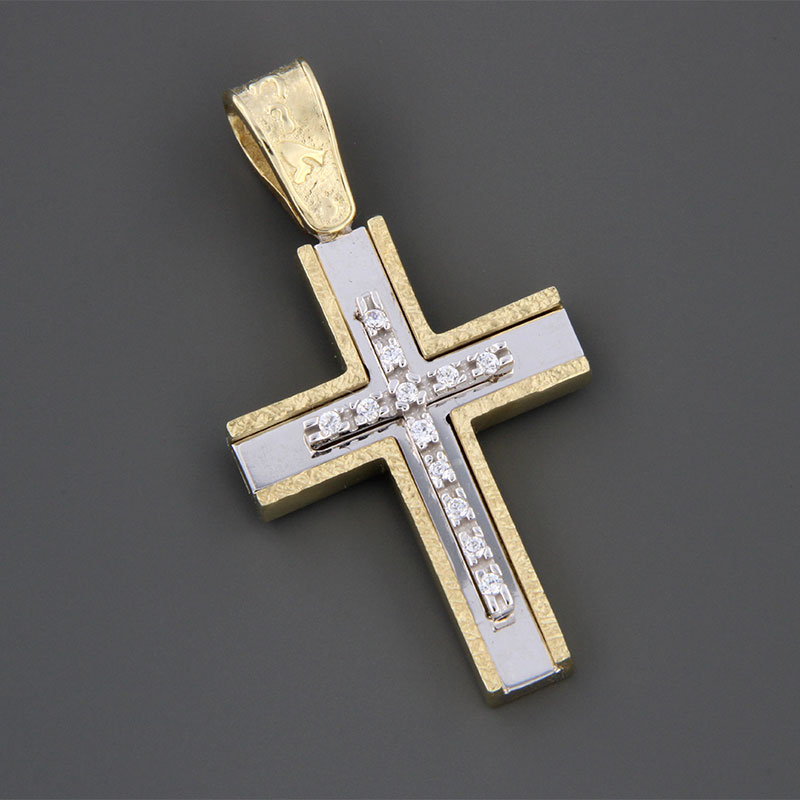 Handmade two-tone baptismal gold Cross K14 on a polished surface decorated with white zircons from the Eos workshop.