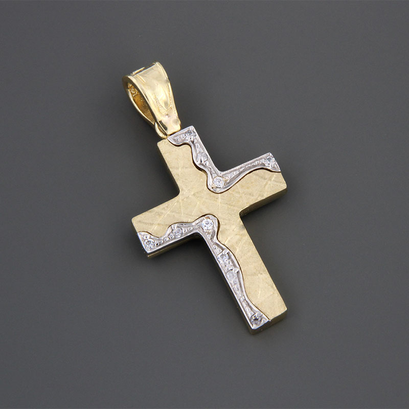 Handmade two-tone baptismal gold Cross K14 on embossed surface with white details and white zircons.