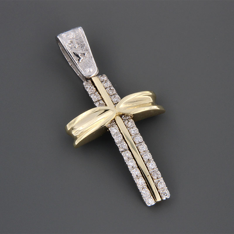 Handmade two-tone baptismal gold Cross K14 on a polished surface decorated with white zircons from the Eos workshop.