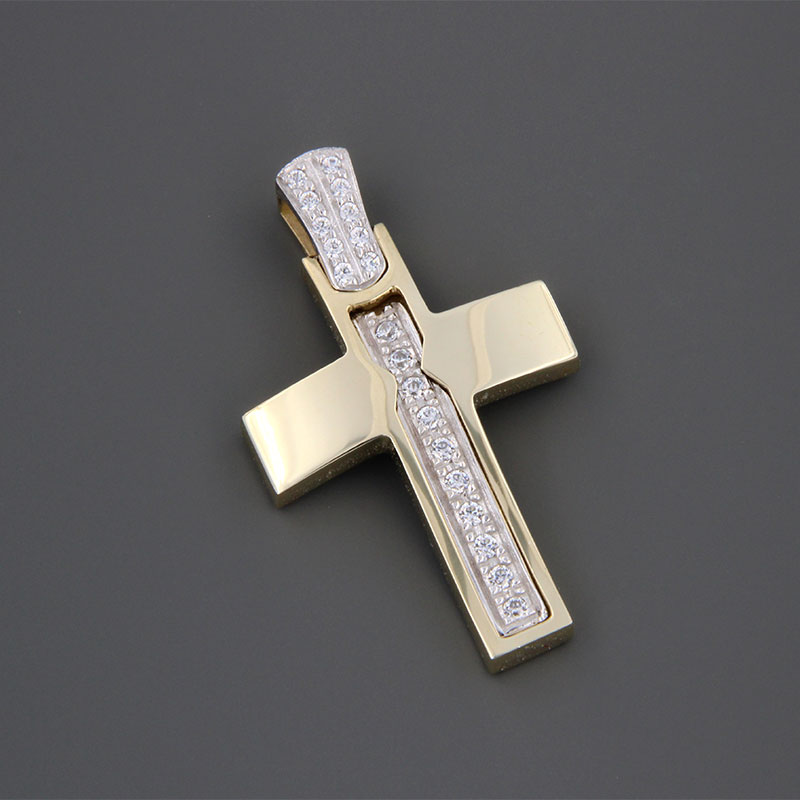 Handmade two-tone baptismal gold Cross K14 on a polished surface decorated with white zircons from the Valoro workshop.