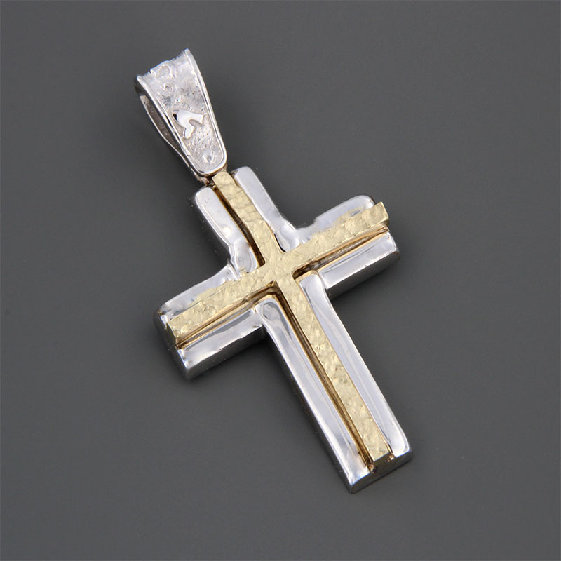 Male two-tone baptismal gold Cross K14 with special forging treatment from the workshop to.