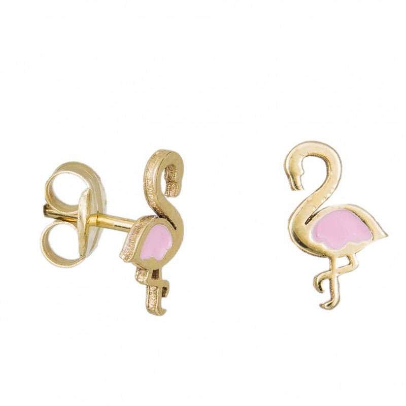 Παιδικά χρυσά σκουλαρίκια Κ9 σε σχήμα φλαμίνγκο διακοσμημένα με ροζ σμάλτο.