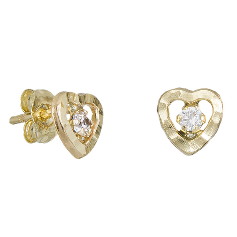 Childrens gold earrings K9 in the shape of a heart decorated with white zircons.
