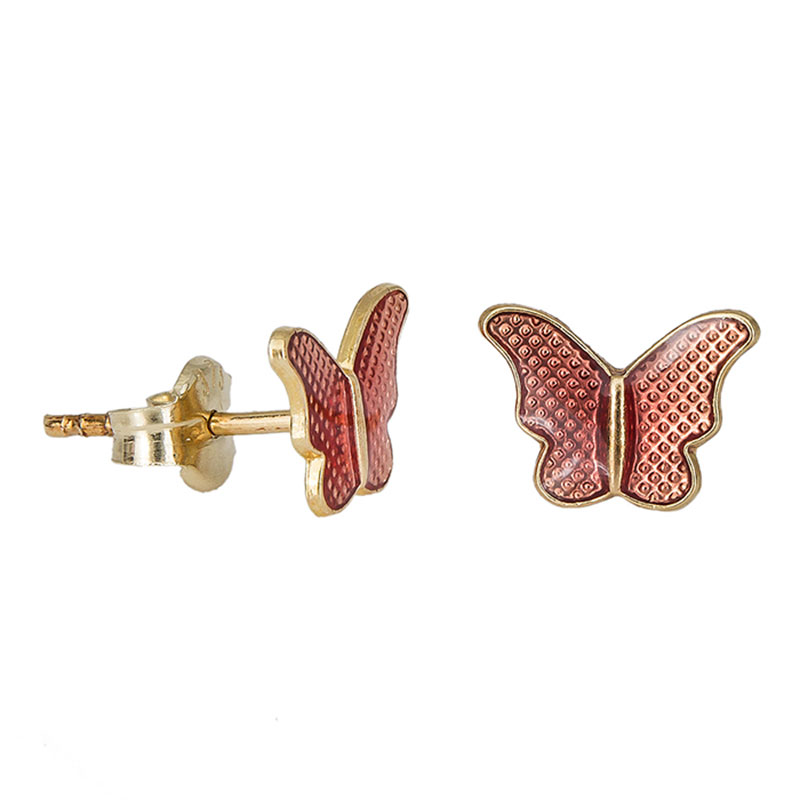 Παιδικά χρυσά σκουλαρίκια Κ9 σε σχήμα πεταλούδας διακοσμημένο με ροζ σμάλτο.