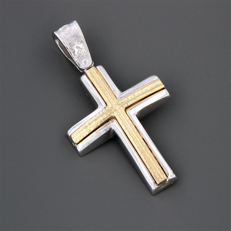 Childrens two-tone baptismal gold Cross K14 in polished and matte surface with special forging treatment from the Eos workshop.