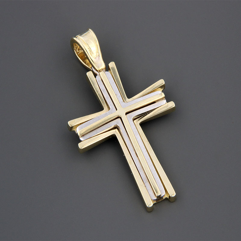 Childrens two-tone baptismal gold Cross K14 in polished and matte surface with special sandblasting treatment from the Valoro workshop.