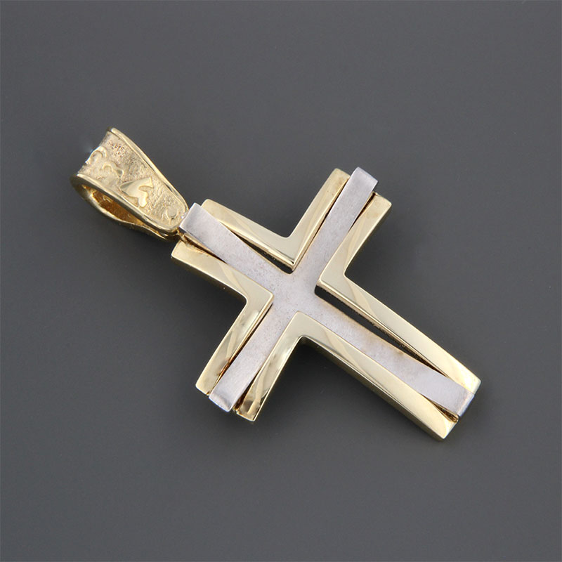 Childrens two-tone baptismal gold Cross K14 in polished and matte surface with special sandblasting treatment from the Eos laboratory.