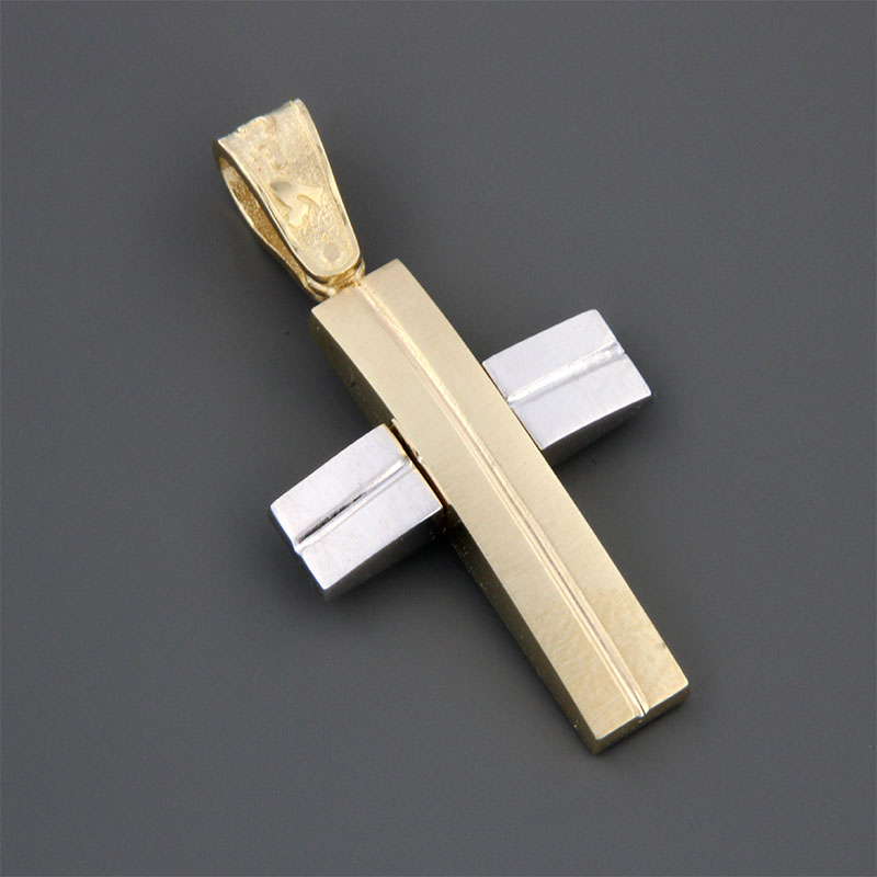 Childrens two-tone baptismal gold Cross K14 in polished and matte surface with special sandblasting treatment from the Eos laboratory.