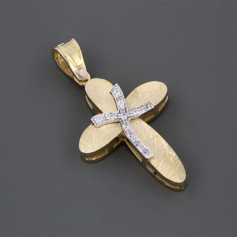 Childrens handmade two-tone baptismal gold Cross K14 on a textured surface with white details and white zircons.