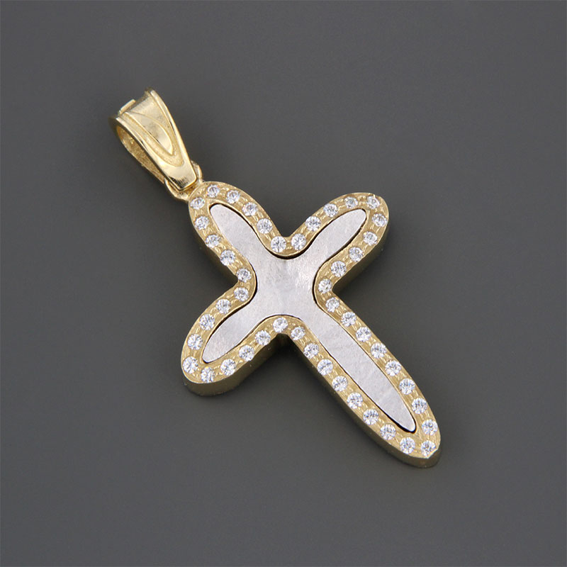 Handmade two-tone baptismal gold Cross K14 on white embossed surface decorated with white zircons by Valoro workshop.