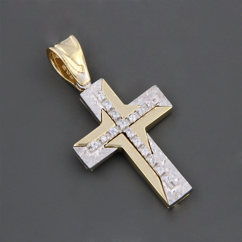 Handmade two-tone baptismal gold Cross K14 on a polished surface decorated with white zircons from the Valoro workshop.