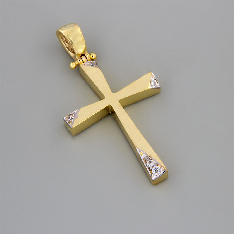 Handmade two-tone baptismal gold Cross K14 on a matte surface with white details and white zircons.