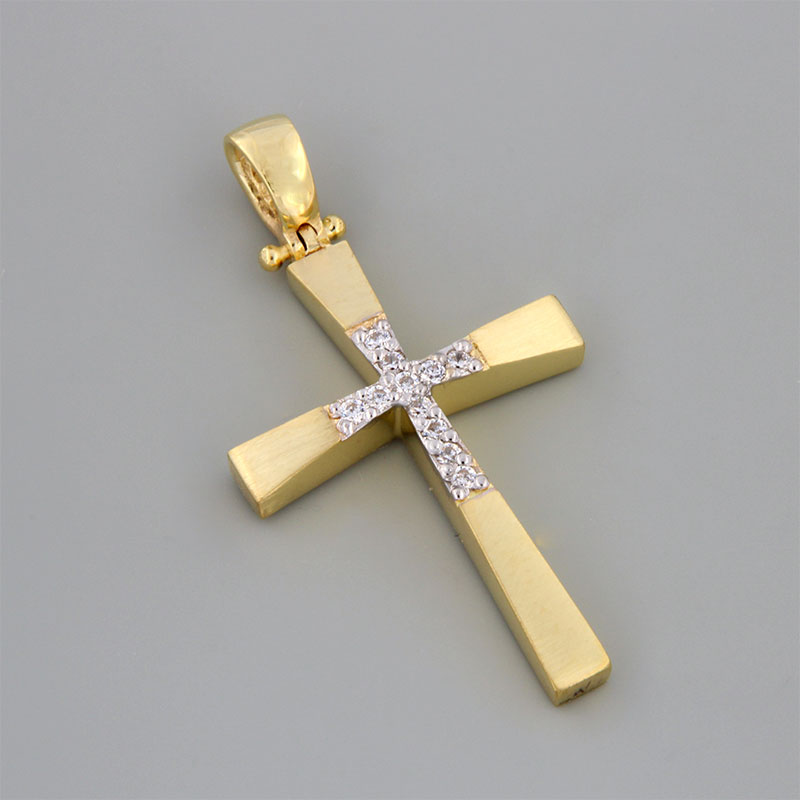 Handmade two-tone baptismal gold Cross K14 on a matte surface with white details and white zircons.