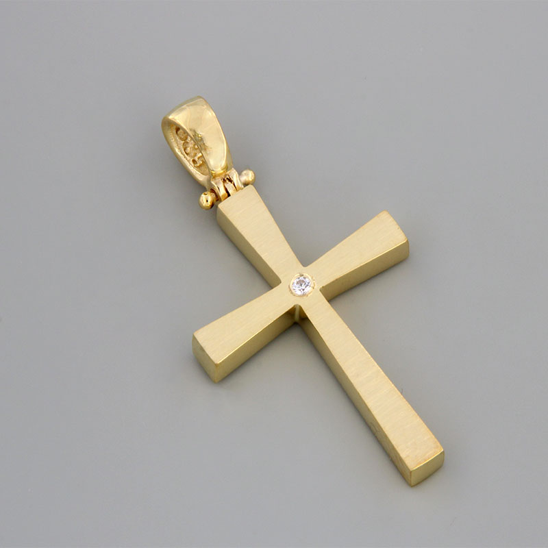 Χειροποίητος χρυσός βαπτιστικός Σταυρός διπλής όψεως σε ματ και λουστρέ επιφάνεια Κ14 διακοσμημένος με λευκά ζιργκόν.