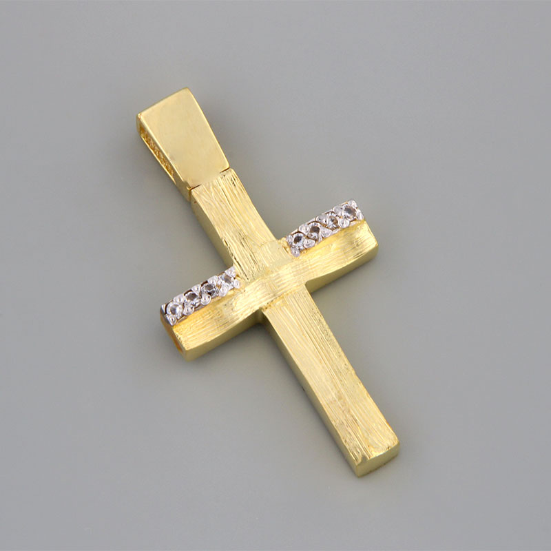 Handmade gold baptismal cross K14 with special engraving processing details of white platinum and white zircons.