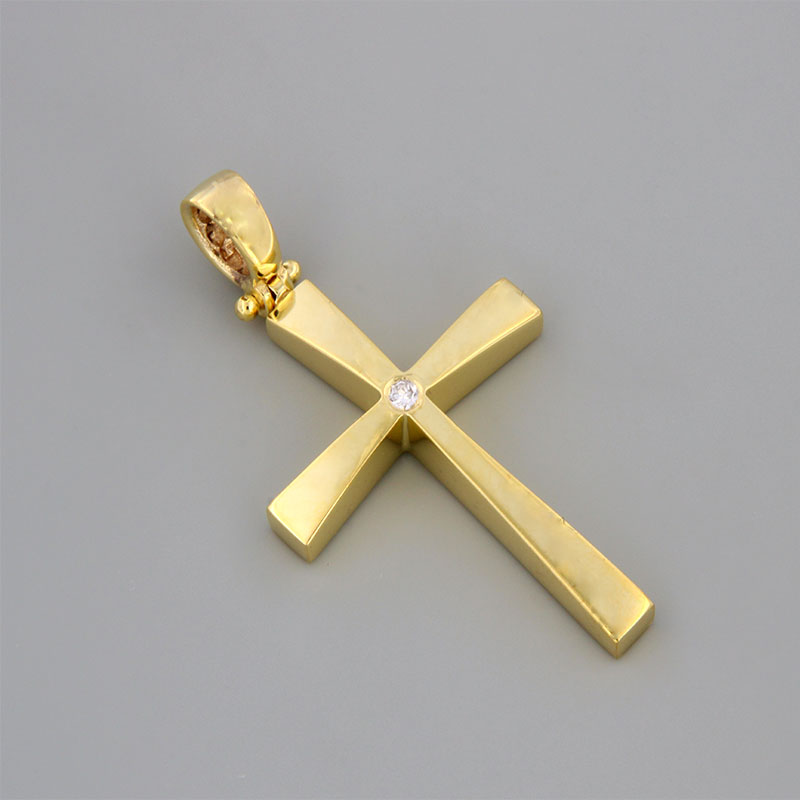 Handmade gold baptismal cross on polished surface K14 decorated with natural white Diamond.