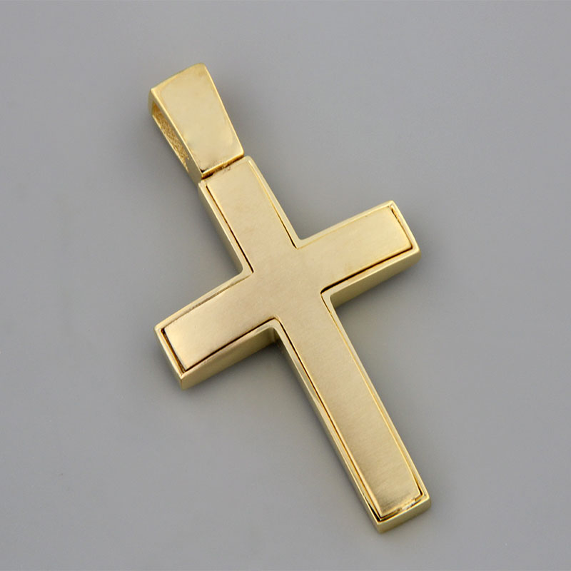 Mens handmade gold Cross K14 with matte and polished surfaces from the Eos workshop.