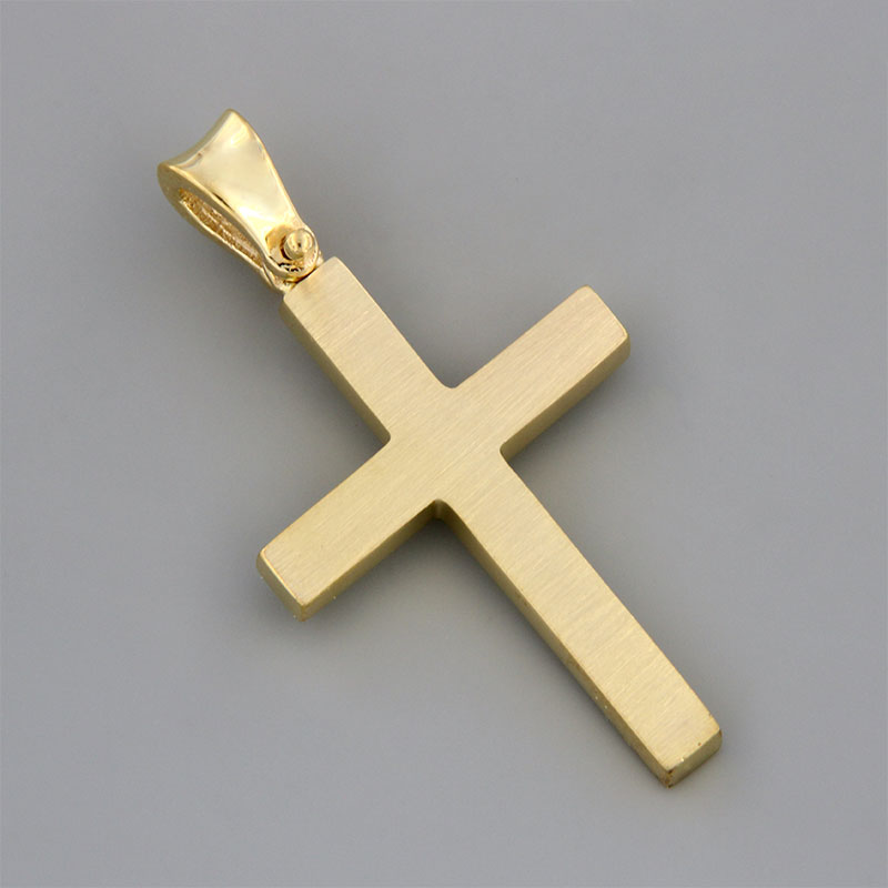 Handmade golden baptismal cross double-sided K14 with matte and polished surfaces from the Eos workshop.