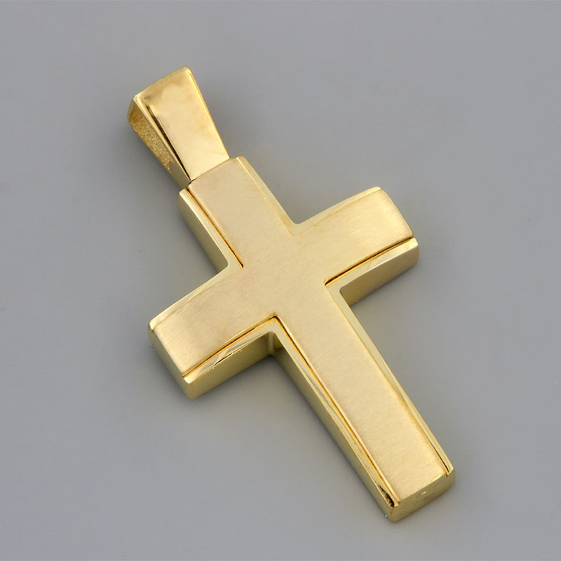 Mens handmade gold Cross K14 with matte and polished surfaces from the Eos workshop.