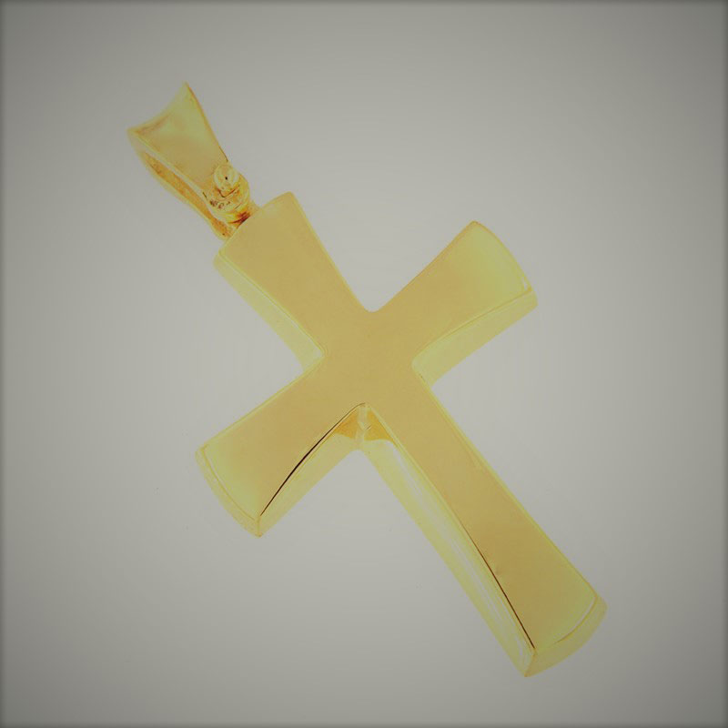 Χειροποίητος χρυσός βαπτιστικός Σταυρός Κ14 με λουστρέ επιφάνεια από το εργαστήριο Ηώς.