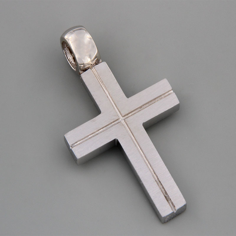 Mens handmade white gold Double-sided cross K14 with matte and polished surface from the Eos workshop.