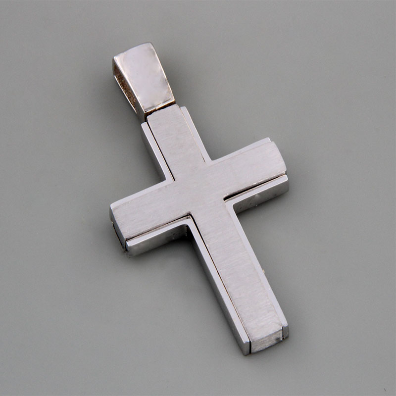 Mens handmade white gold Double-sided cross K14 with matte and polished surface from the Eos workshop.