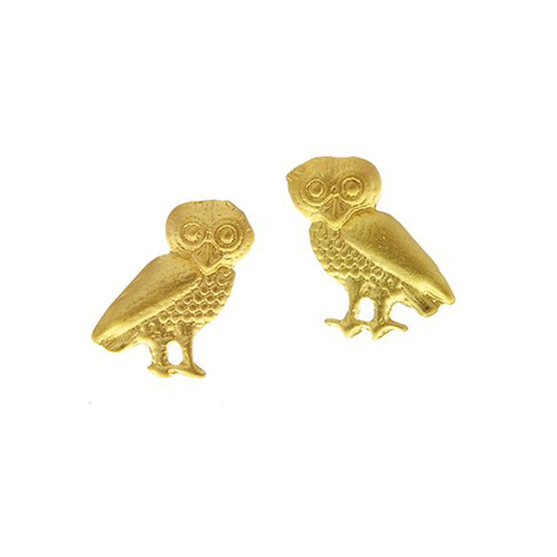Womens Gold Plated Silver Stud Earrings 925 WITH ANCIENT OWL.