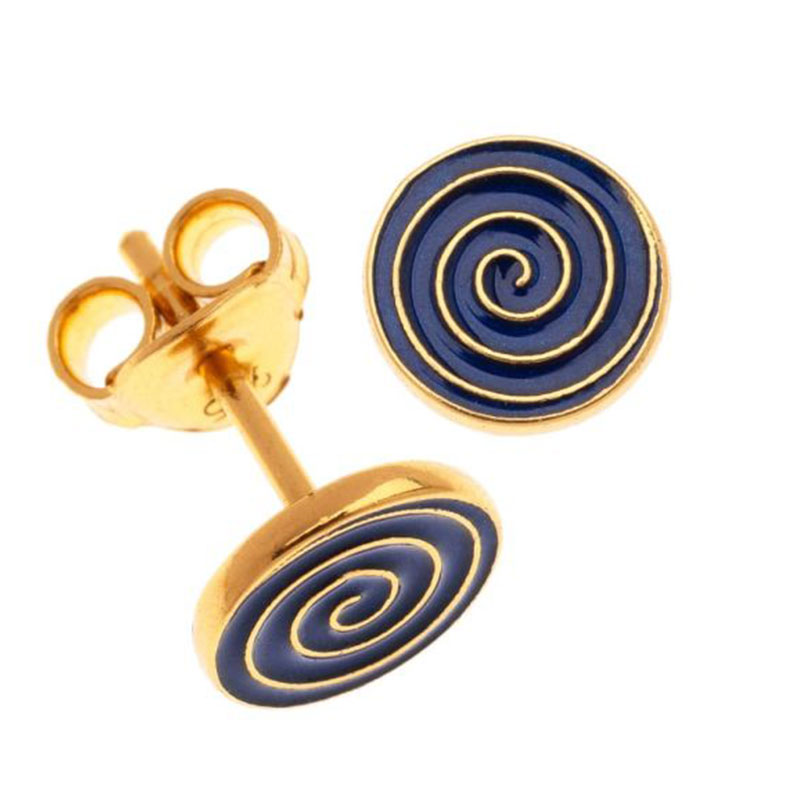 Womens Gold Plated Silver Stud Earrings 925 WITH SPIRAL decorated with blue enamel.